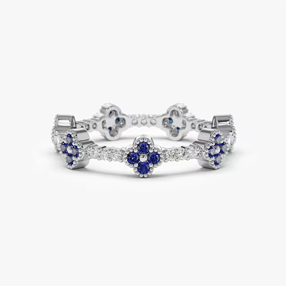 Floral Blue Gemstone Band Ring in 925 Sterling Silver