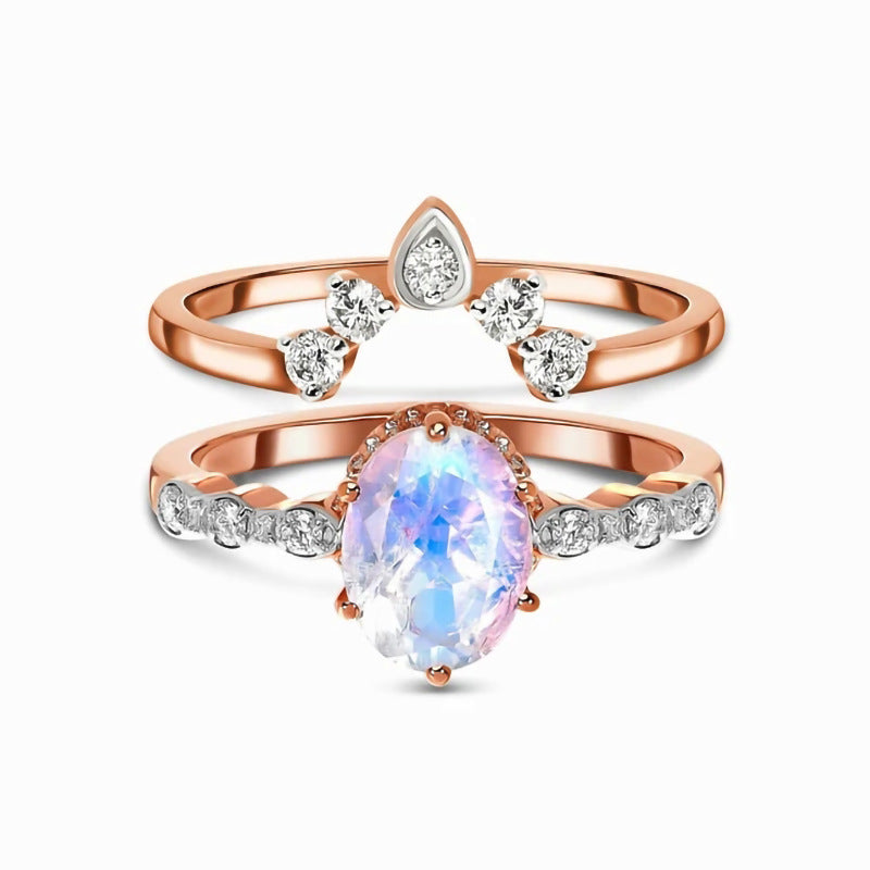 Vintage Oval Shape Design Moon Stone Silver Ring Set