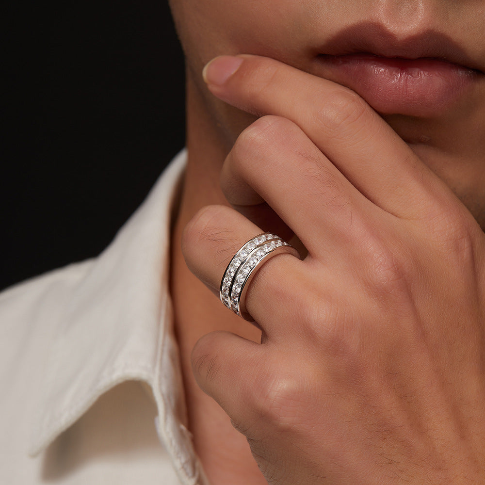 Moissanite Unisex Double Row Channel Set Wedding Band in Sterling Silver
