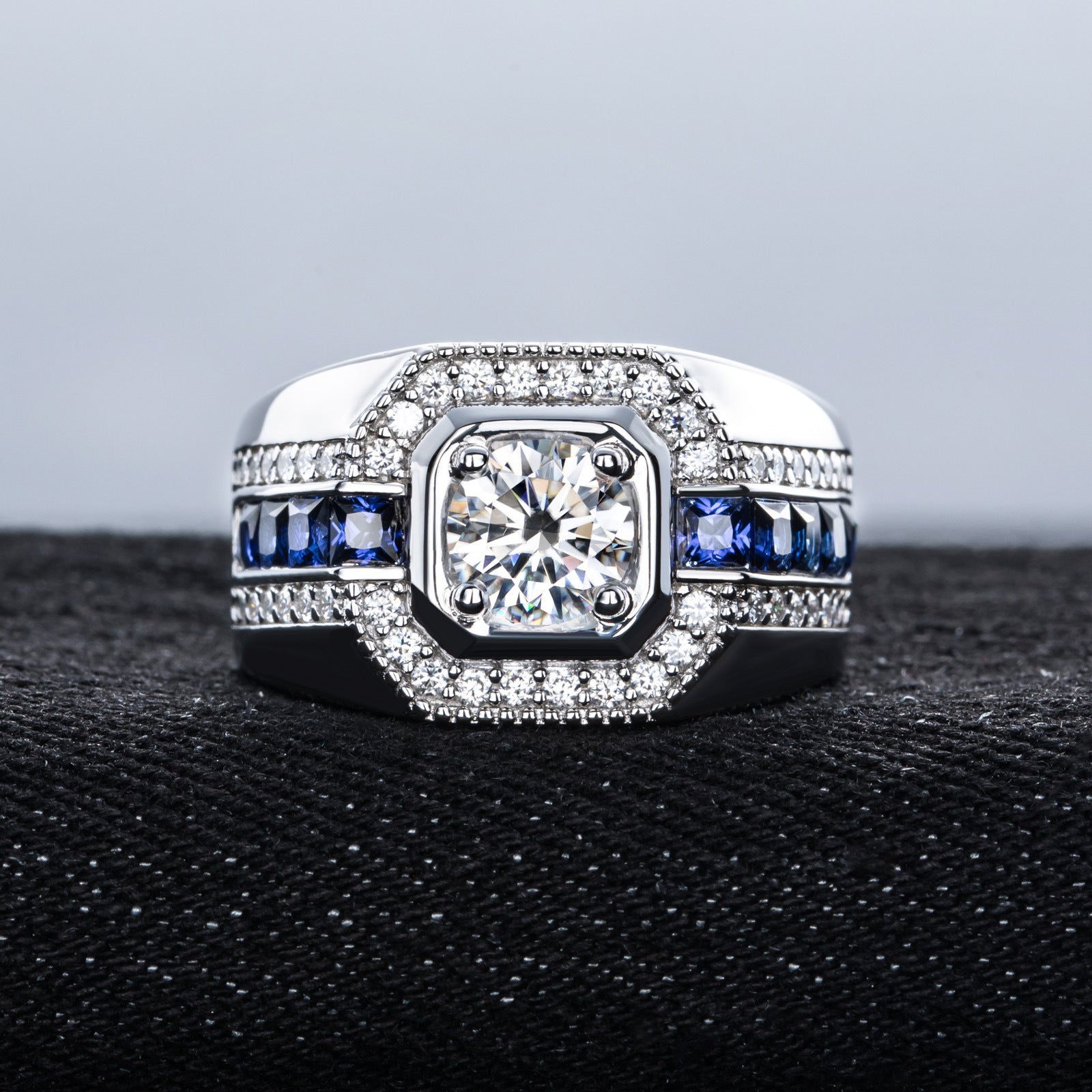 Men's Moissanite Round Cut Sterling Silver Engagement Ring