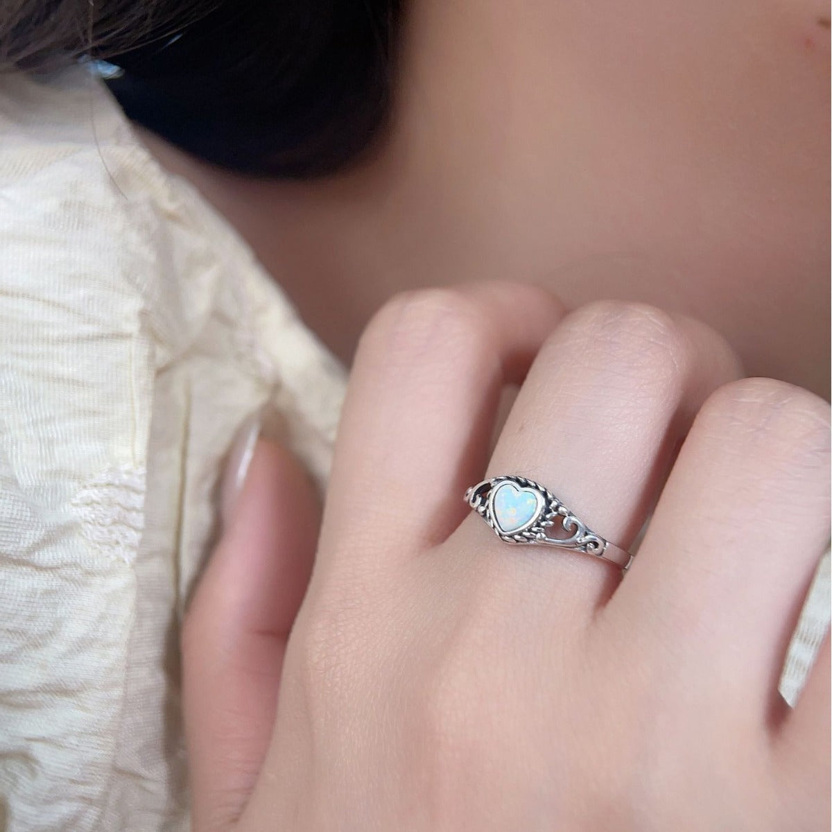 Vintage Hallow Heart Design Opal Sterling Silver Ring