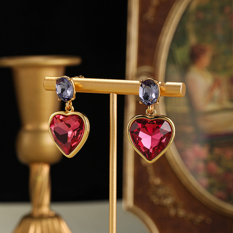 Vintage Red Heart Design 18k Gold Plated Drop Earrings