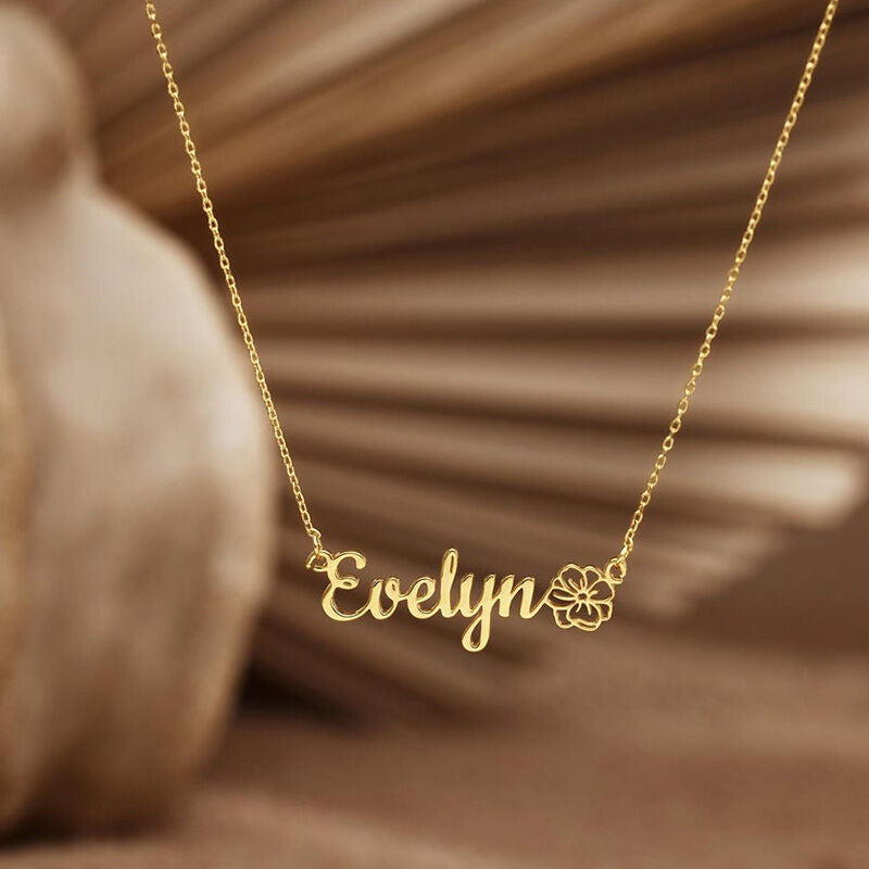 Personalize Name Necklace with Birth Flower in Stainless Steel