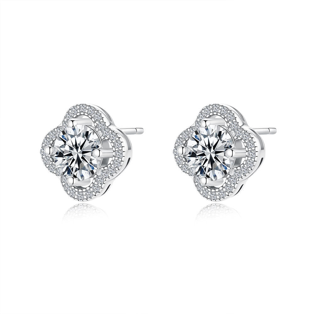 Moissanite Clover Halo Stud Earrings in 925 Sterling Silver