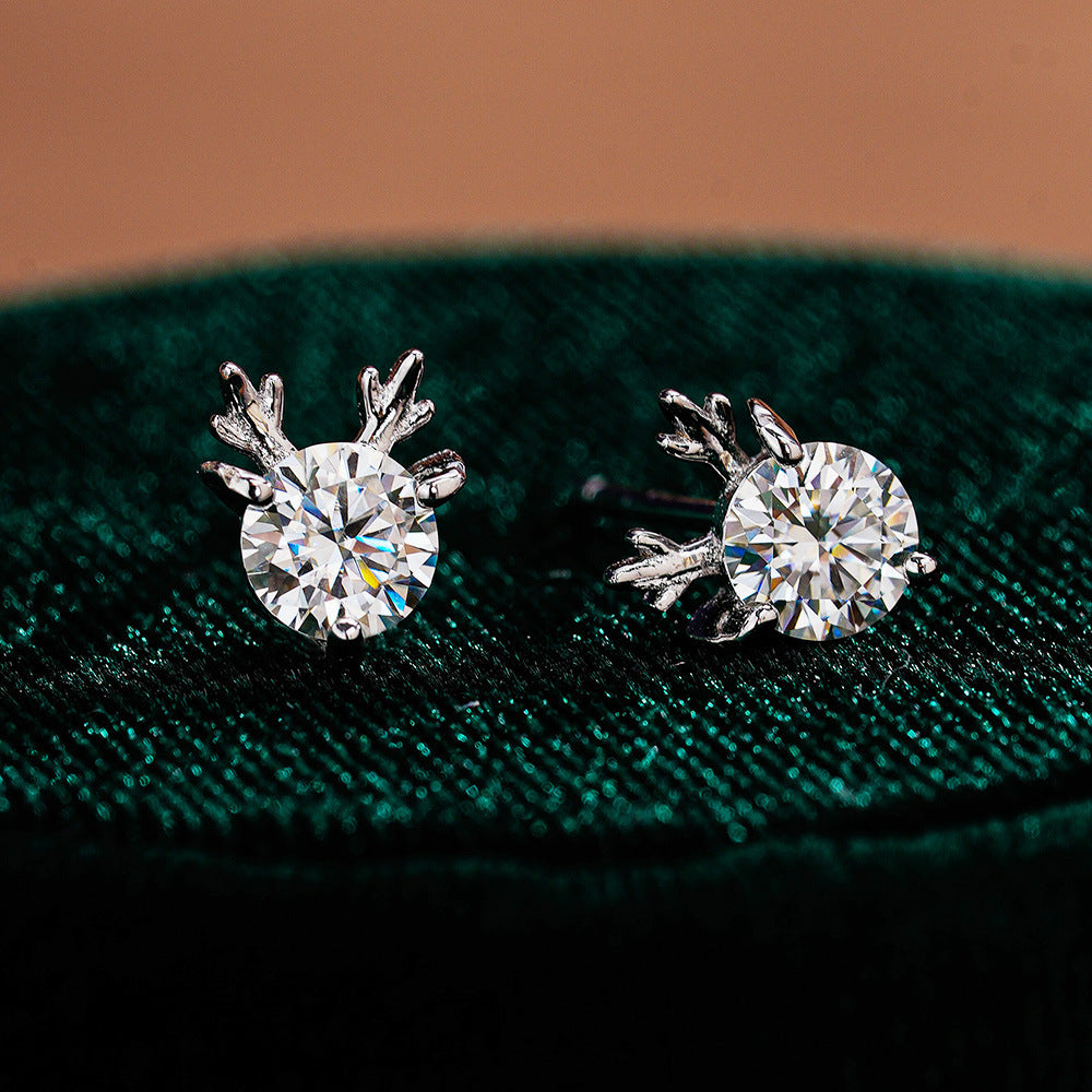 Cute Antler Reindeer Design Moissanite Silver Earrings