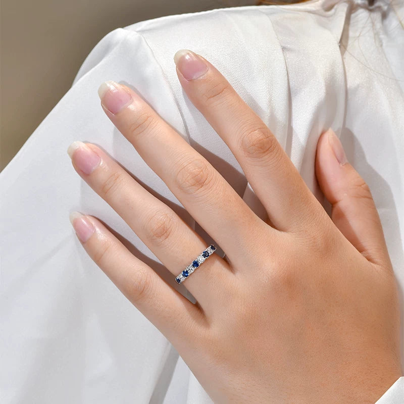 Blue Sapphire & White Alternating Half Eternity Sterling Silver Wedding Band