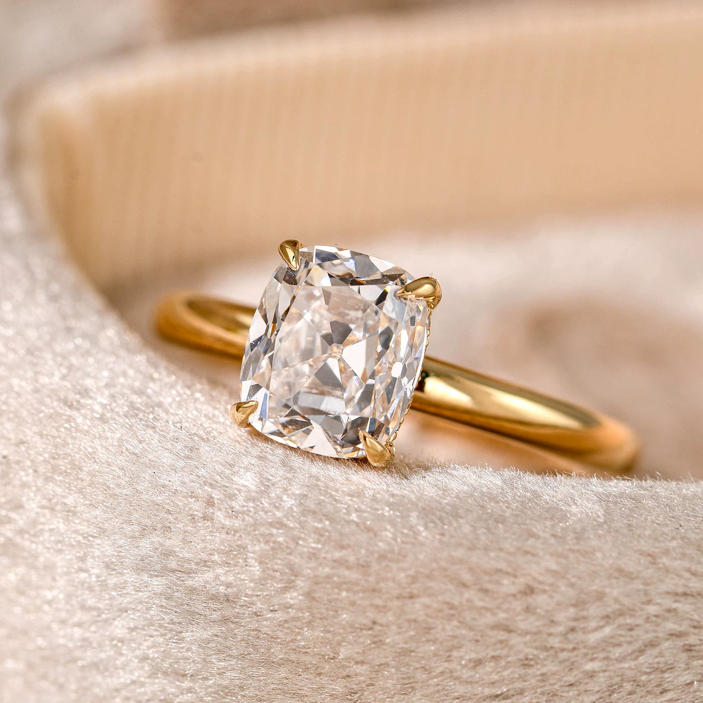 Cushion Cut Solitaire Hidden Halo Sterling Silver Engagement Ring