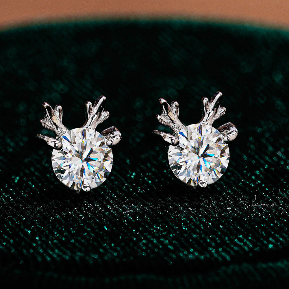 Cute Antler Reindeer Design Moissanite Silver Earrings