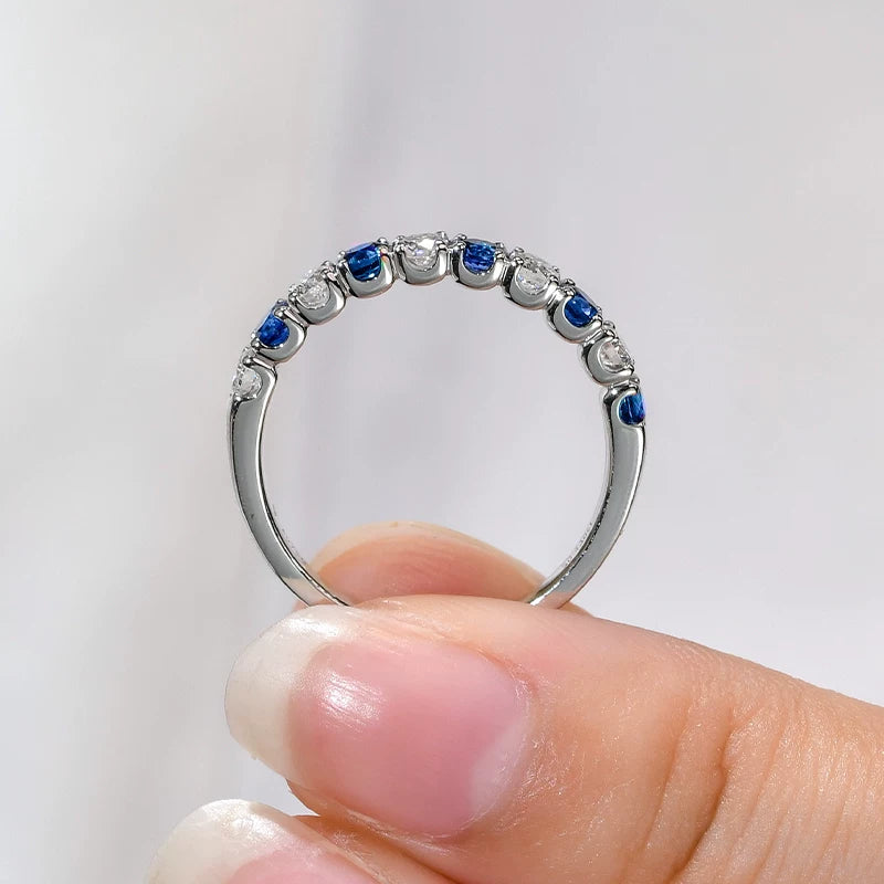 Blue Sapphire & White Alternating Half Eternity Sterling Silver Wedding Band
