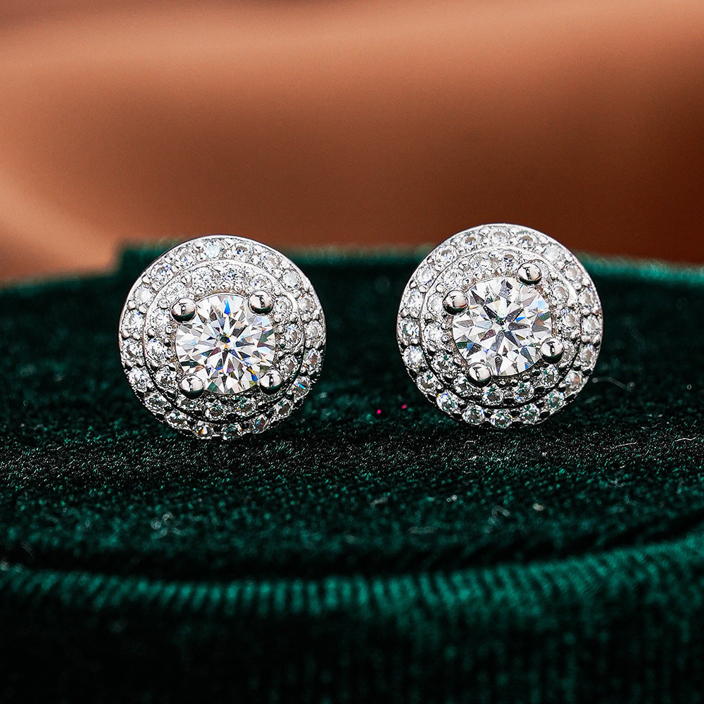 Round Double-Layer Luxurious S925 Sterling Silver Moissanite Stud Earrings