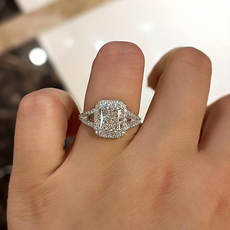 Sparkle Split Shank Halo Radiant Cut Sterling Silver Engagement Ring ...