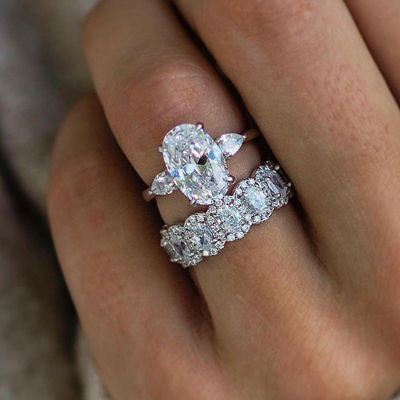 Exquisite Oval Cut Three Stone Wedding Bridal Set In Sterling