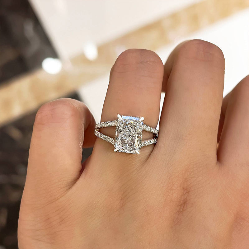 Exquisite Split Shank Radiant Cut Engagement Ring In Sterling Silver