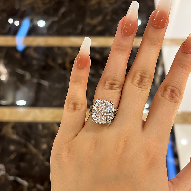 Luxurious Split Shank Halo Cushion Cut Sterling Silver Engagement