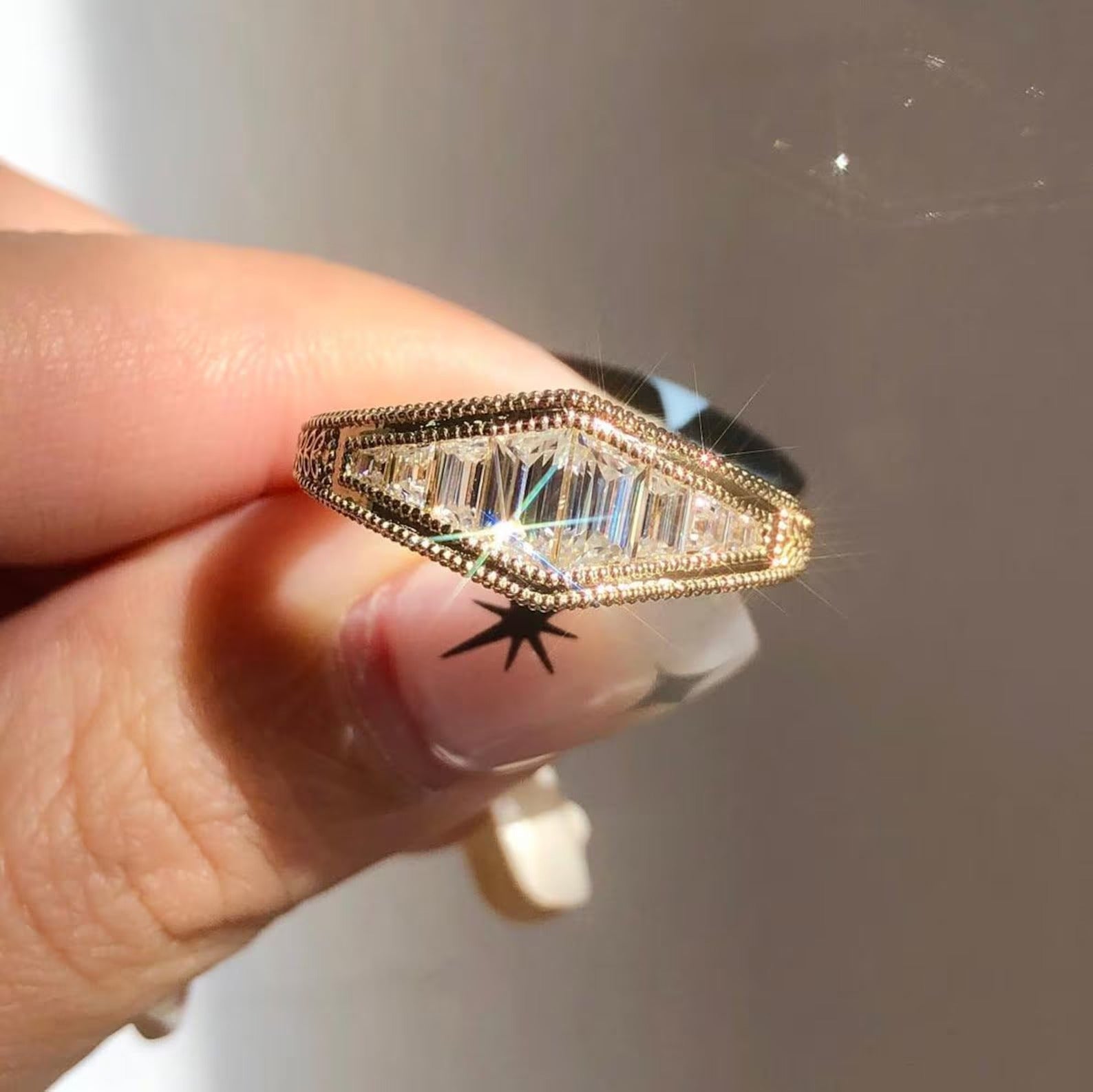 Solid Gold Baguette Moissanite Ring Set | Irregular Cut Art Deco Engagement & Leaf Promise Wedding Band