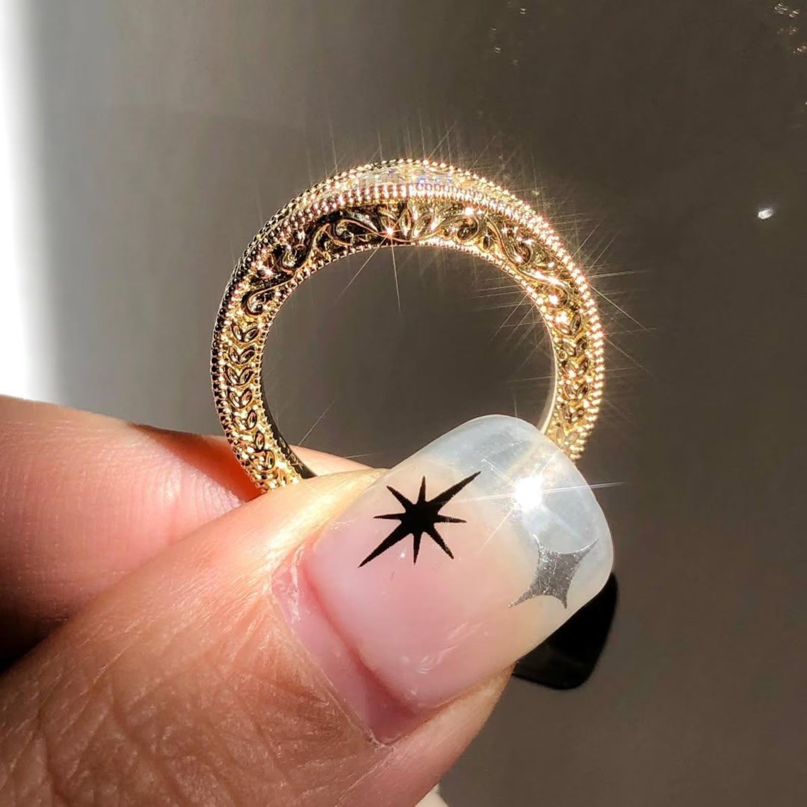 Solid Gold Baguette Moissanite Ring Set | Irregular Cut Art Deco Engagement & Leaf Promise Wedding Band