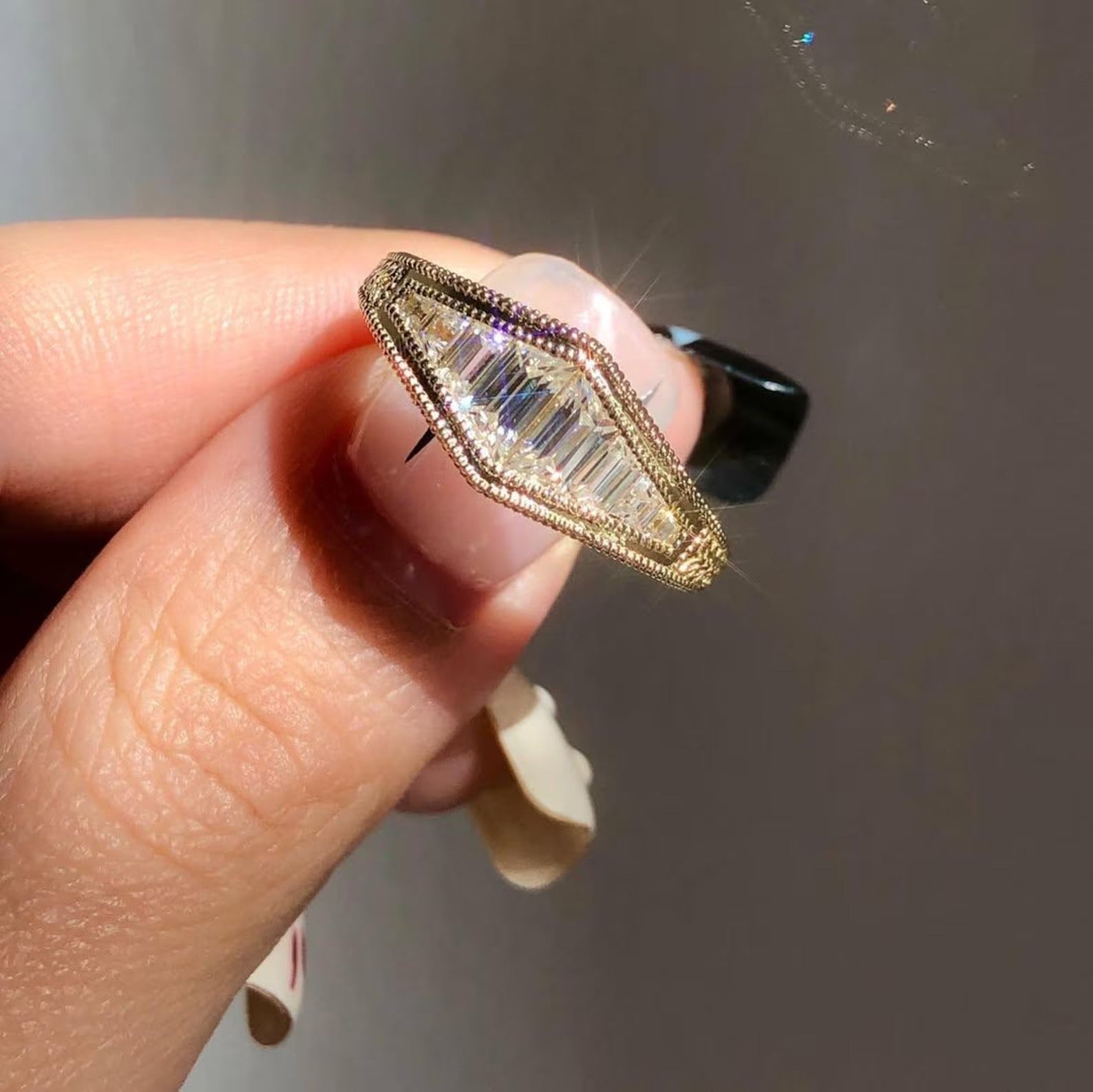 Solid Gold Baguette Moissanite Ring Set | Irregular Cut Art Deco Engagement & Leaf Promise Wedding Band