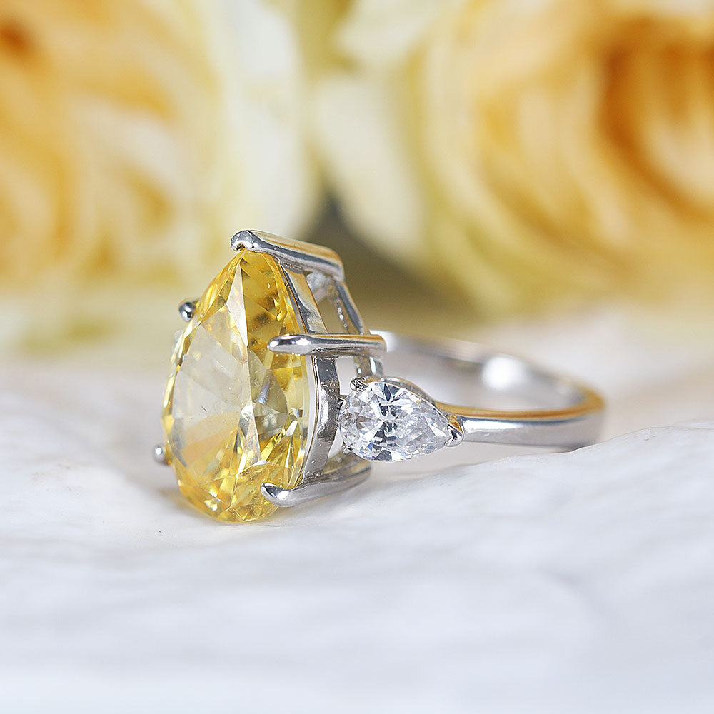 Classic Three Stone Yellow Pear Cut Sterling Silver Engagement Ring