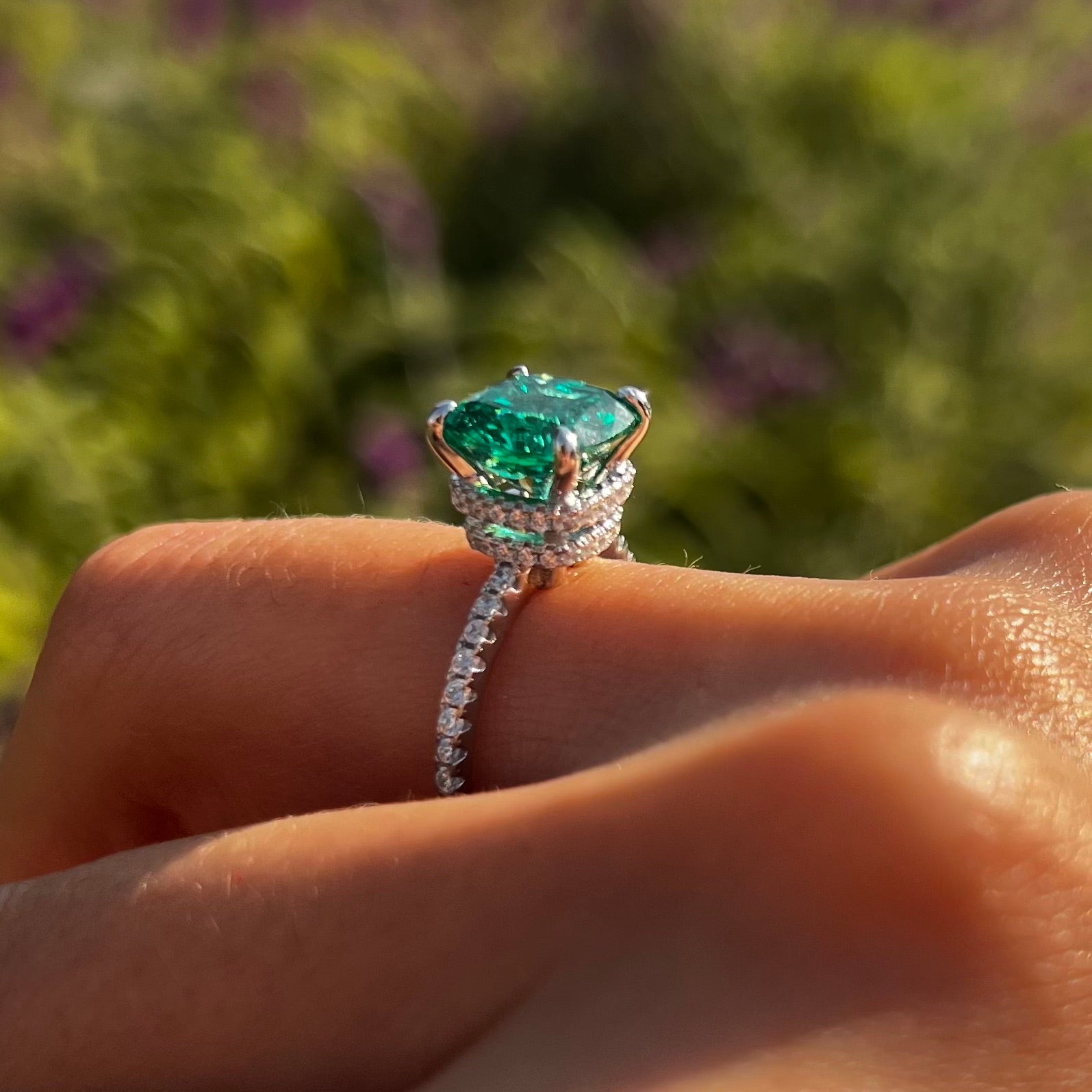 Retro Green Cushion Cut Hidden Halo Sterling Silver Engagement Ring