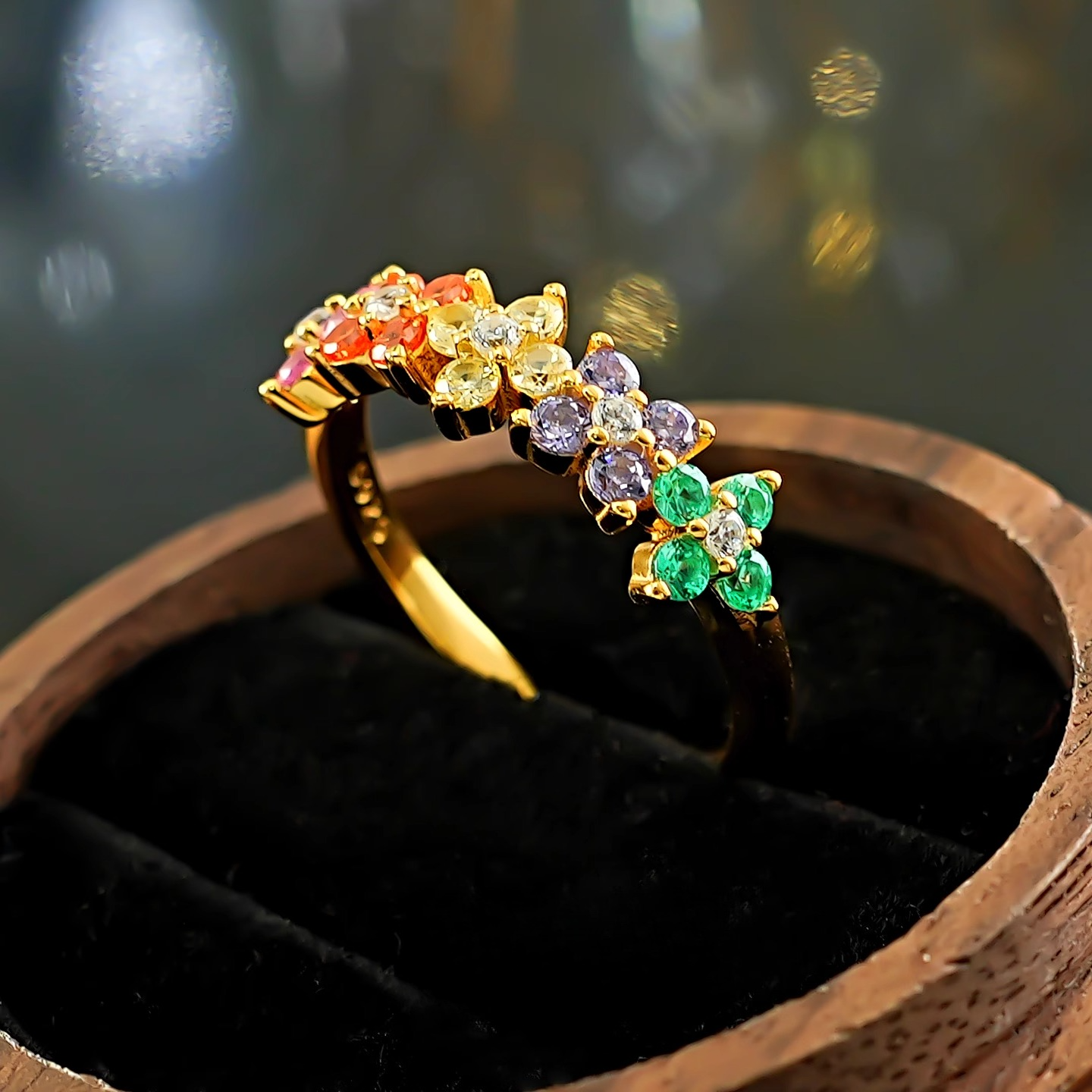 Colorful Golden Tone Flower Design Ring in Sterling Silver