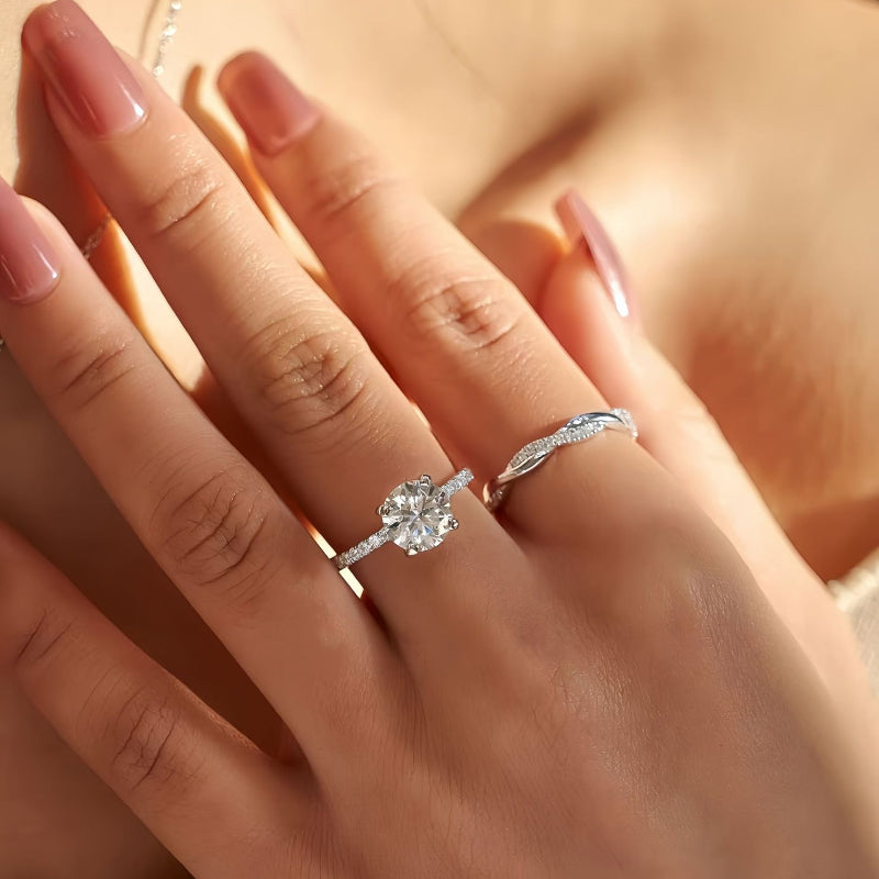 Classic 4 Prong Round Cut Sterling Silver Engagement Ring with Band