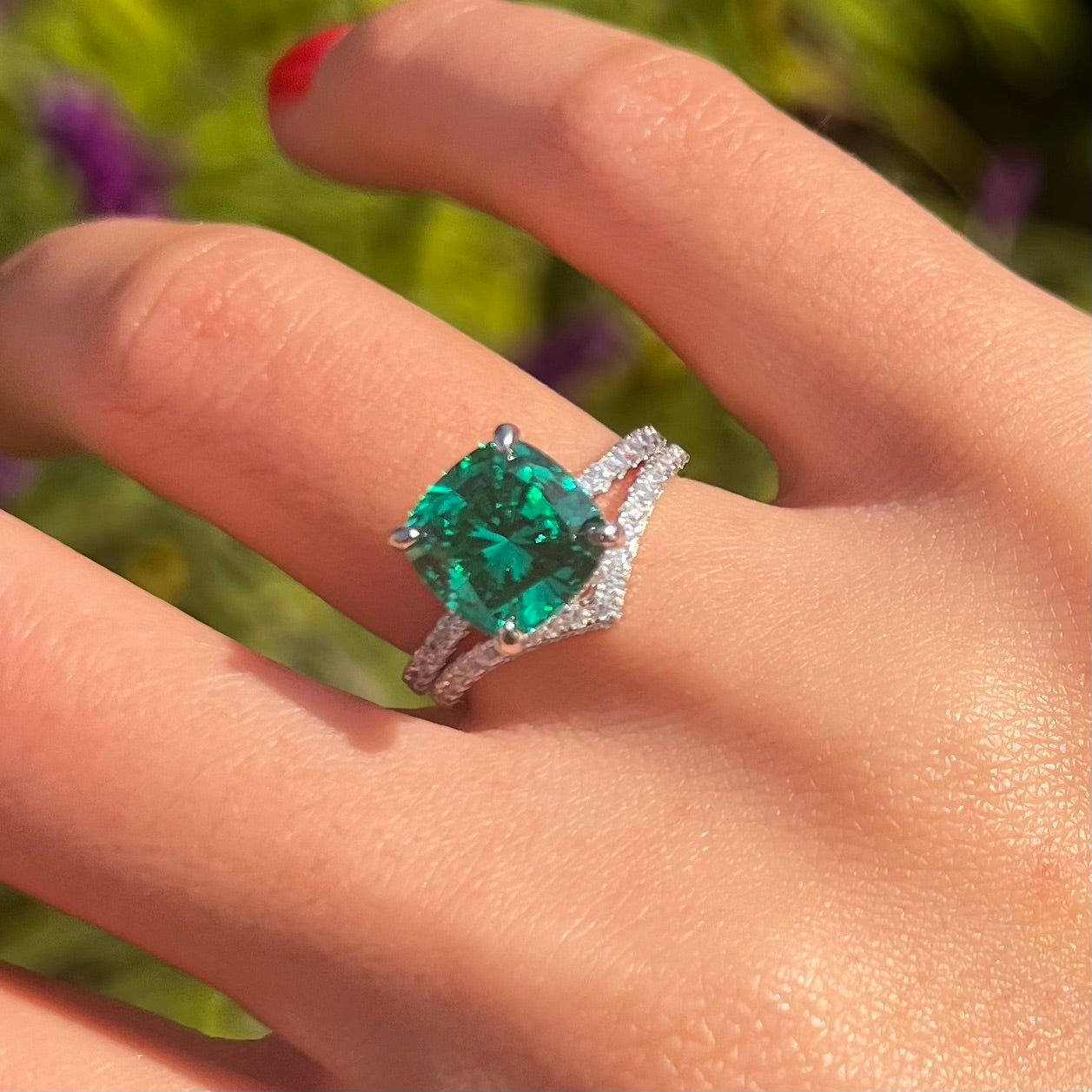 Vintage 2 Pcs Green Cushion Cut Hidden Halo Bridal Sets In Sterling Silver