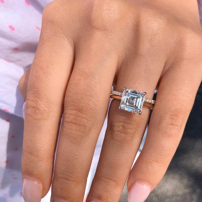 2PCS Golden Tone Hidden Halo Asscher Cut Bridal Set Rings – Shine