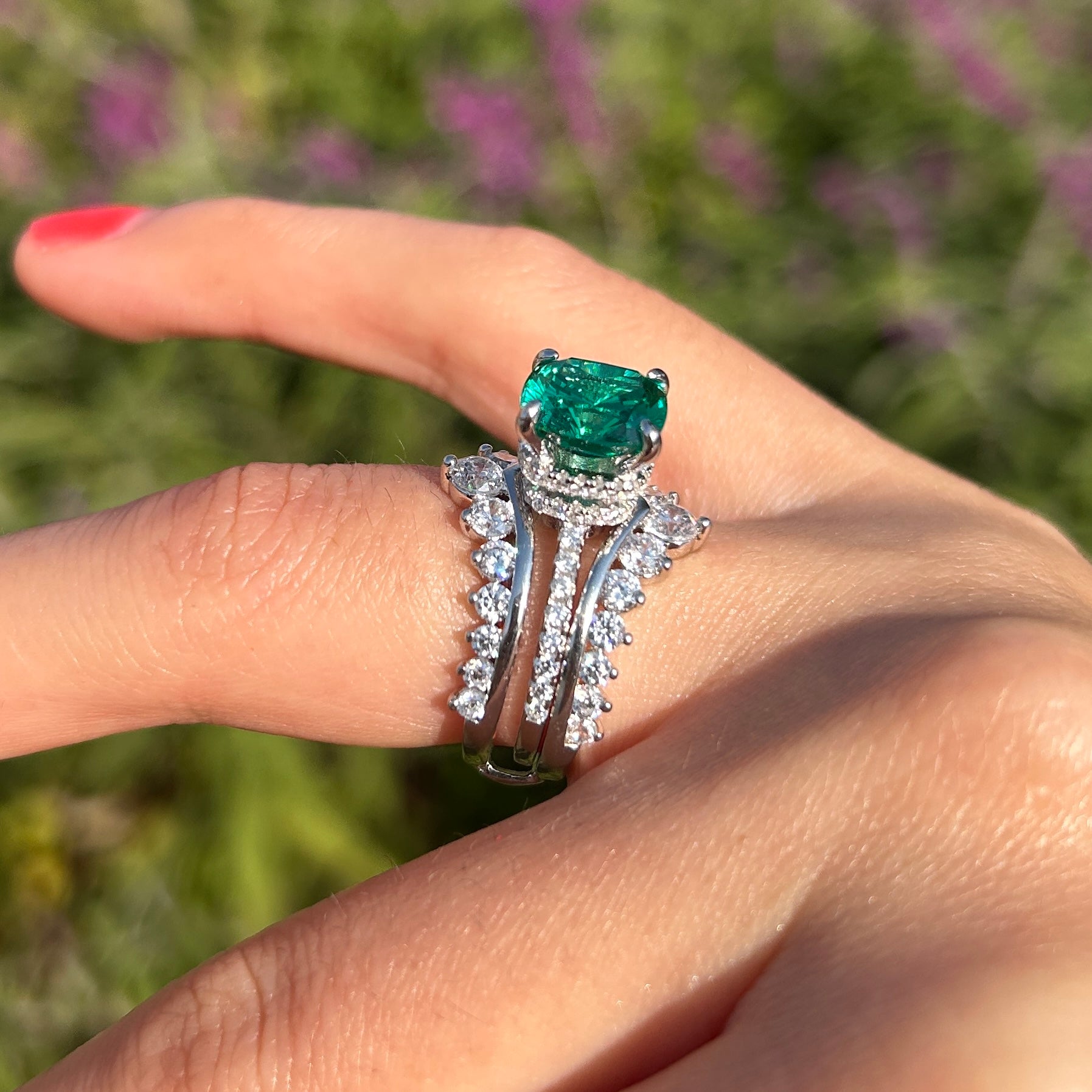 Stunning Green Cushion Cut Insert Bridal Sets In Sterling Silver