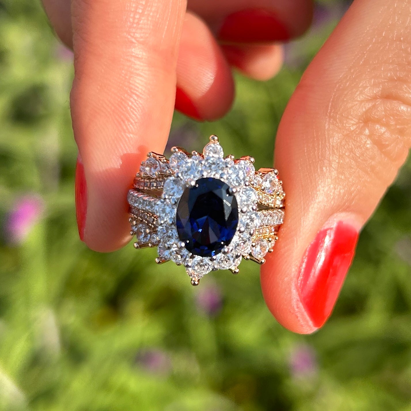 Vintage 2Pcs Blue Oval Cut Halo Sterling Silver Bridal Set