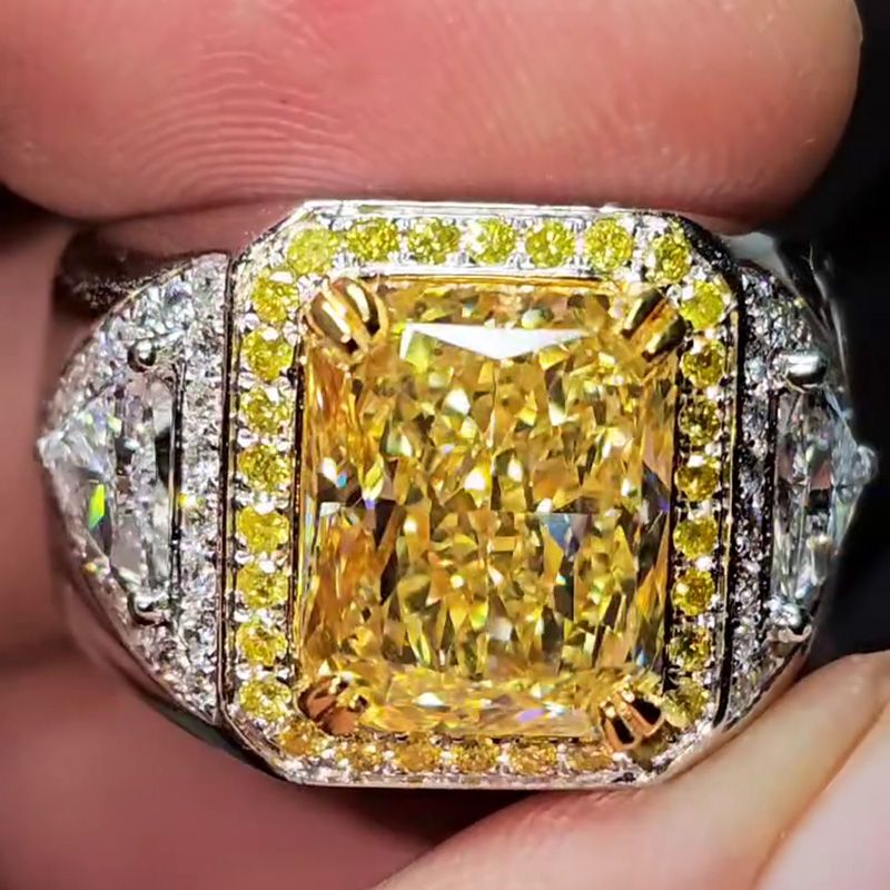 Fancy 7ct Radiant Cut Yellow Sapphire Halo Handmade Men's Ring