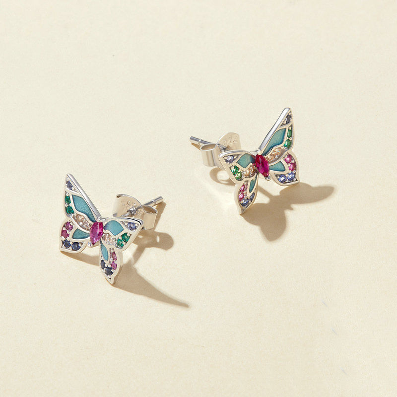 Butterfly Design Colored Gemstone Earrings Stud in Sterling Silver