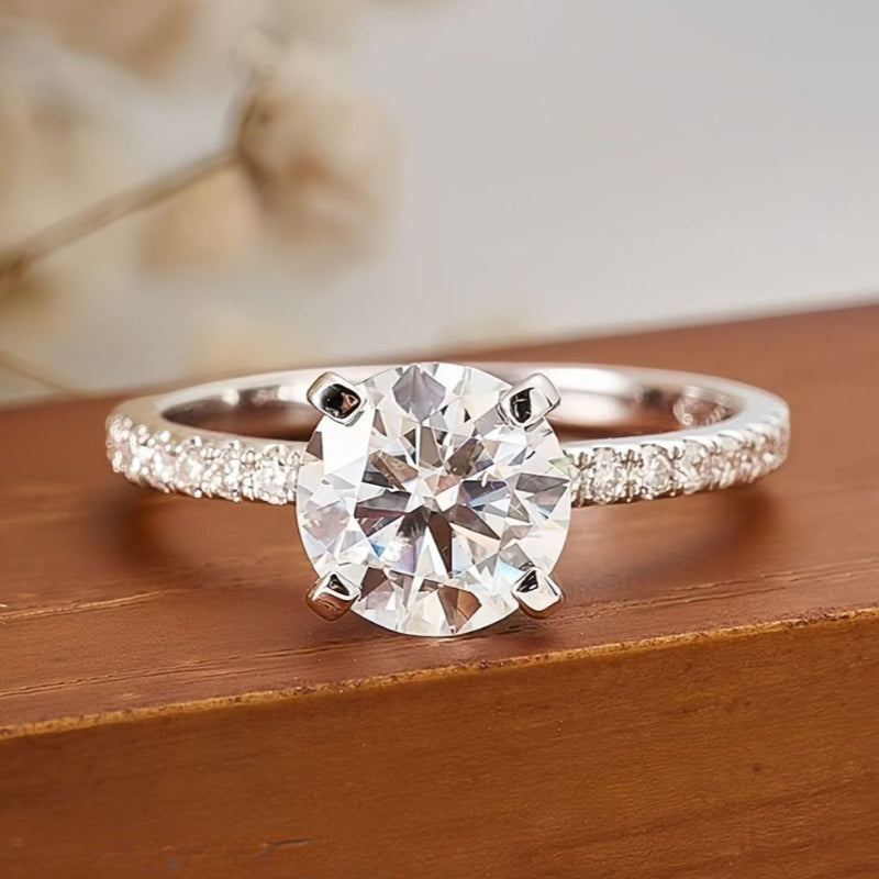 Classic 4 Prong Round Cut Sterling Silver Engagement Ring with Band