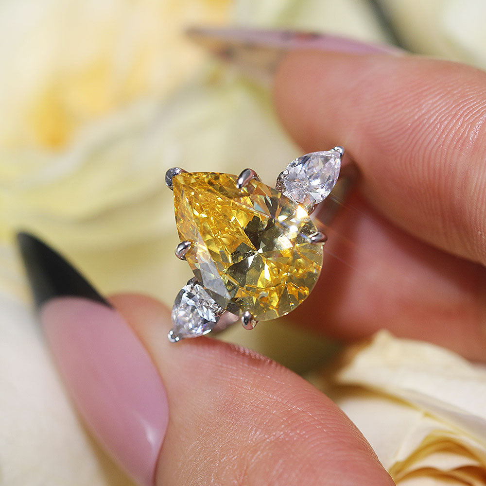 Classic Three Stone Yellow Pear Cut Sterling Silver Engagement Ring