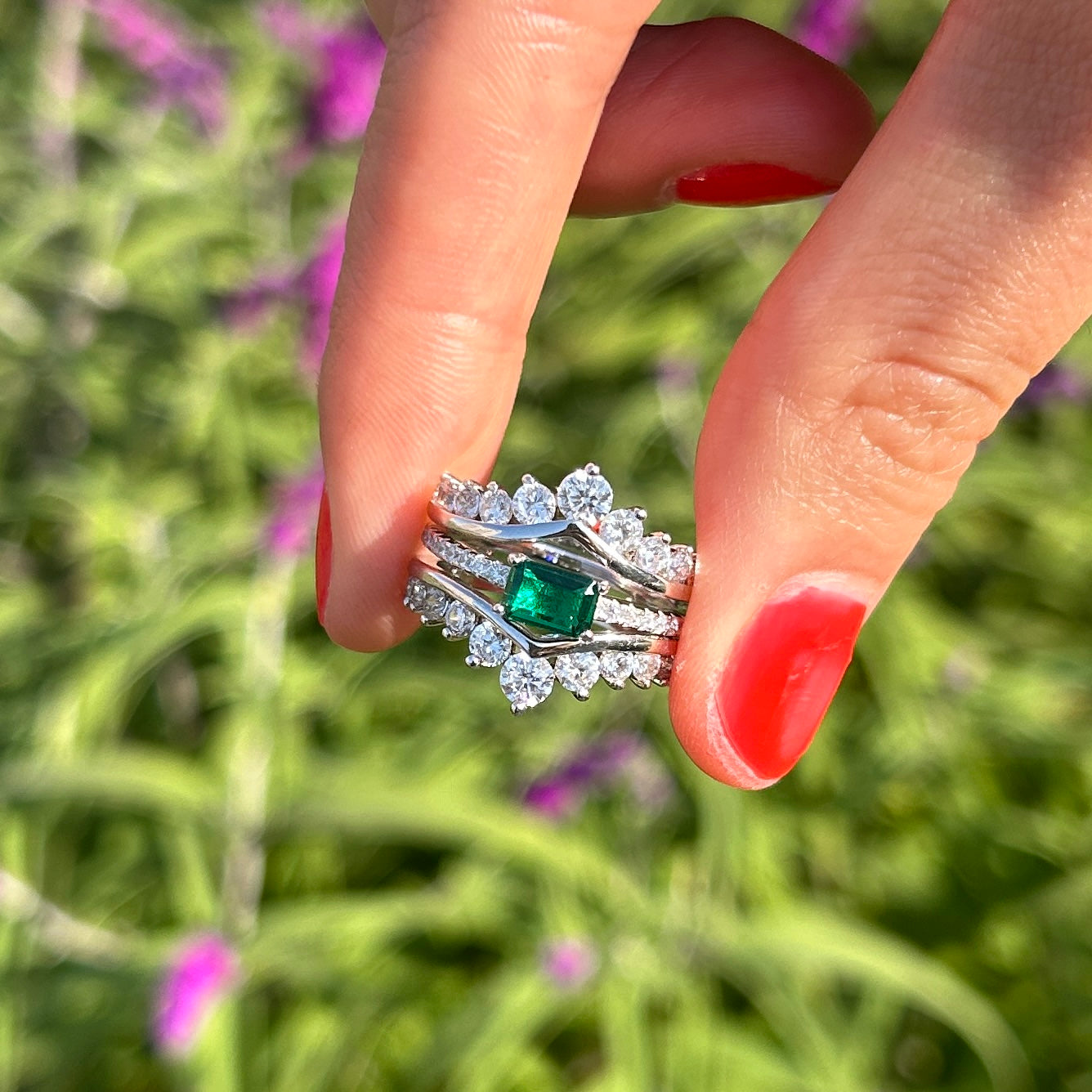 2 Pcs Green Emerald Cut Insert Bridal Sets In Sterling Silver