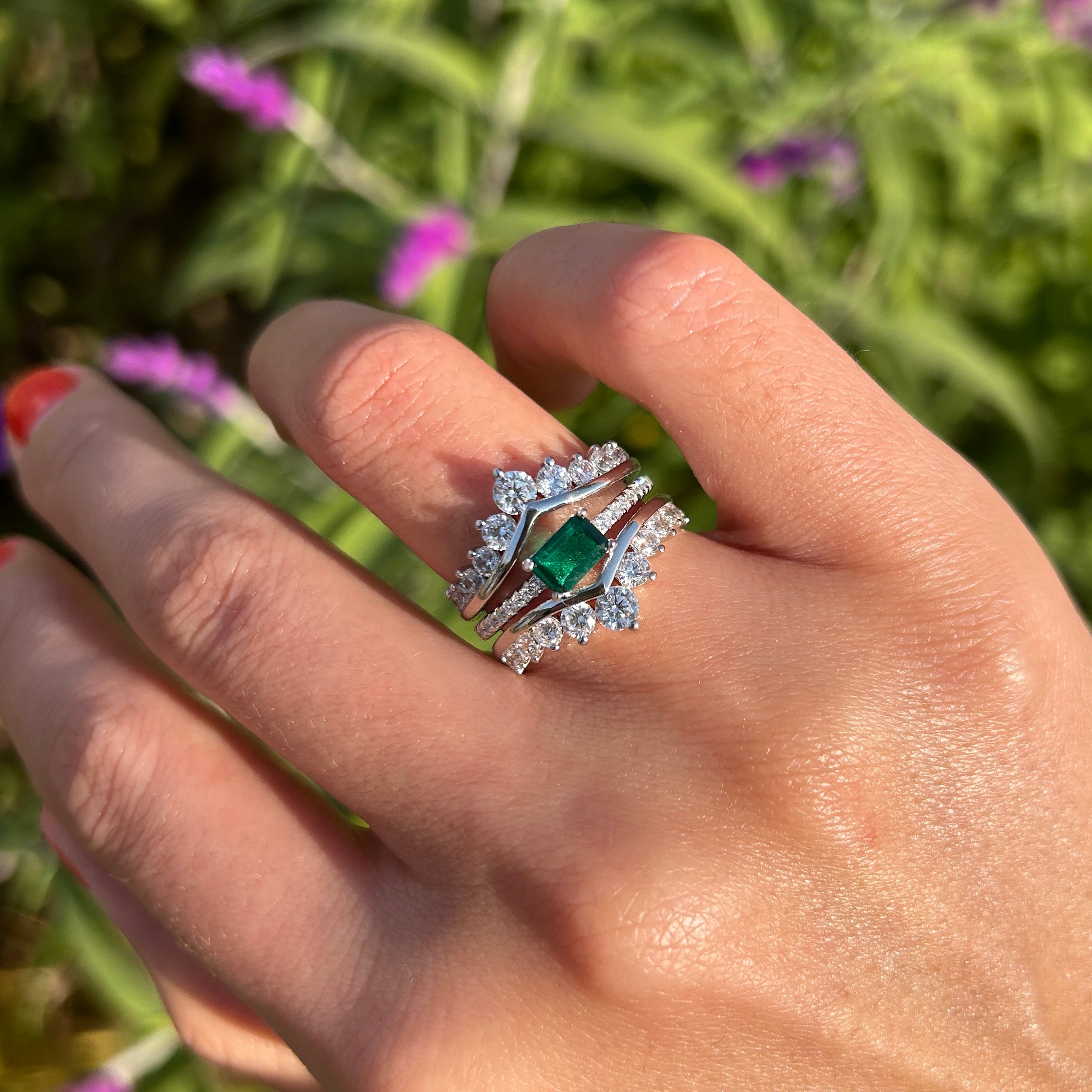 2 Pcs Green Emerald Cut Insert Bridal Sets In Sterling Silver