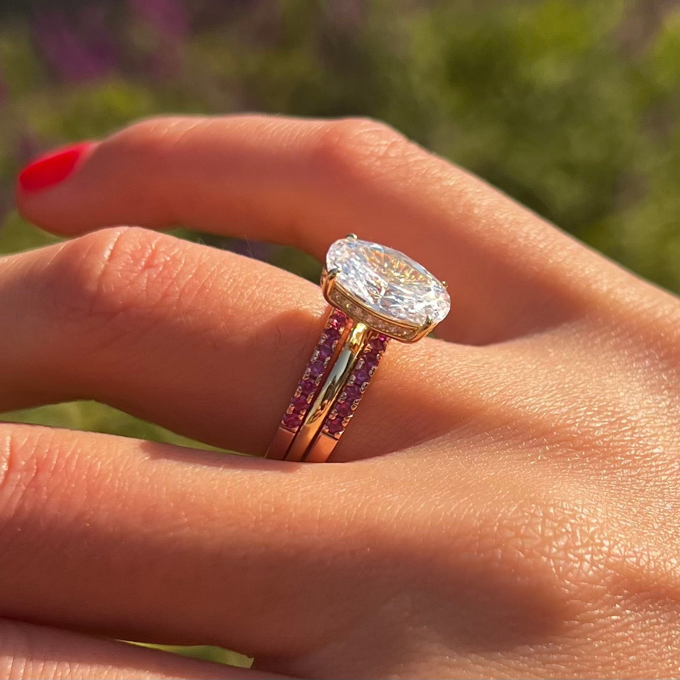 Vintage 3 Pcs Oval Cut Hidden Halo Design Sterling Silver Bridal Set With Ruby Band