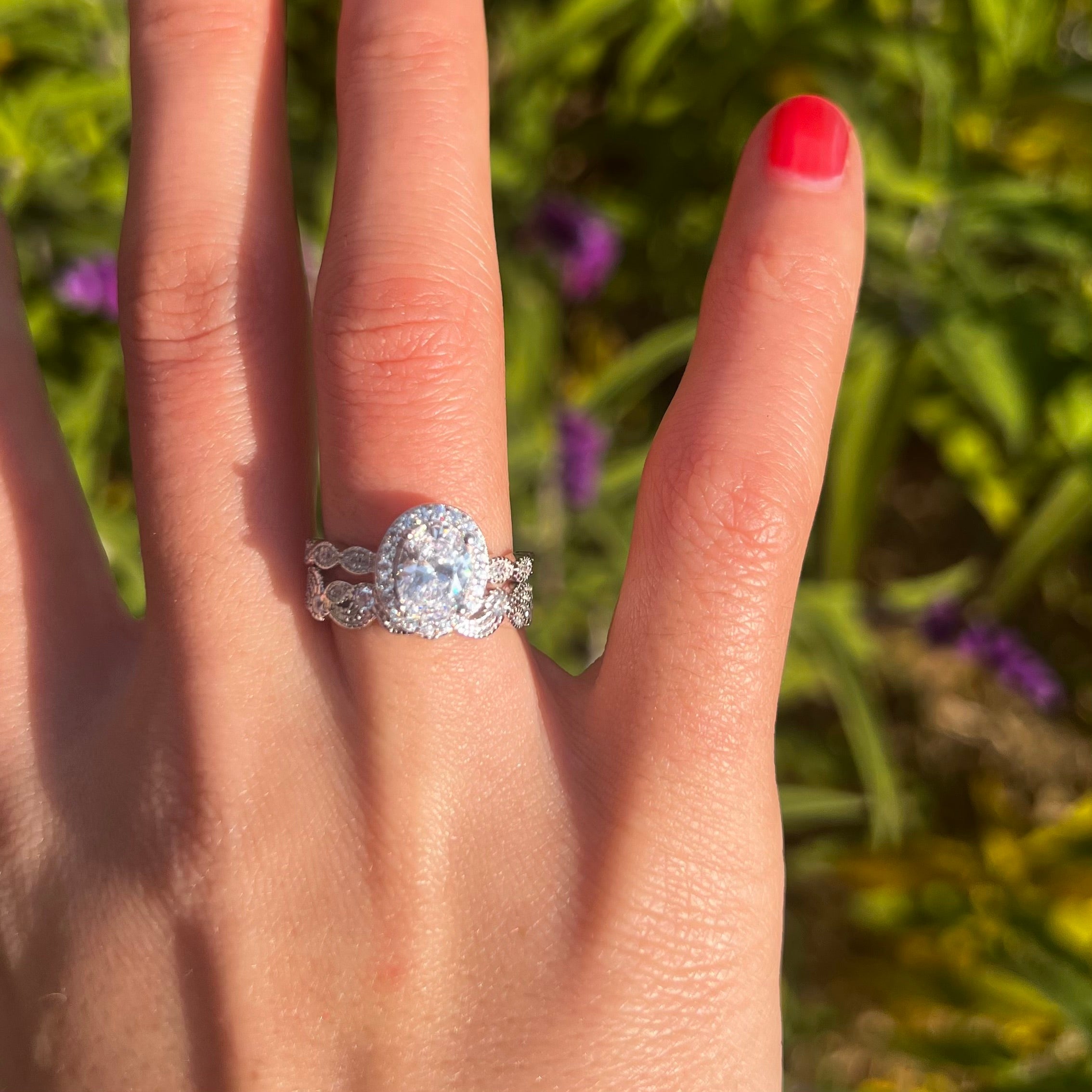 Unique 2 Pcs Oval Cut Halo Sterling Silver Bridal Set With Lace Band