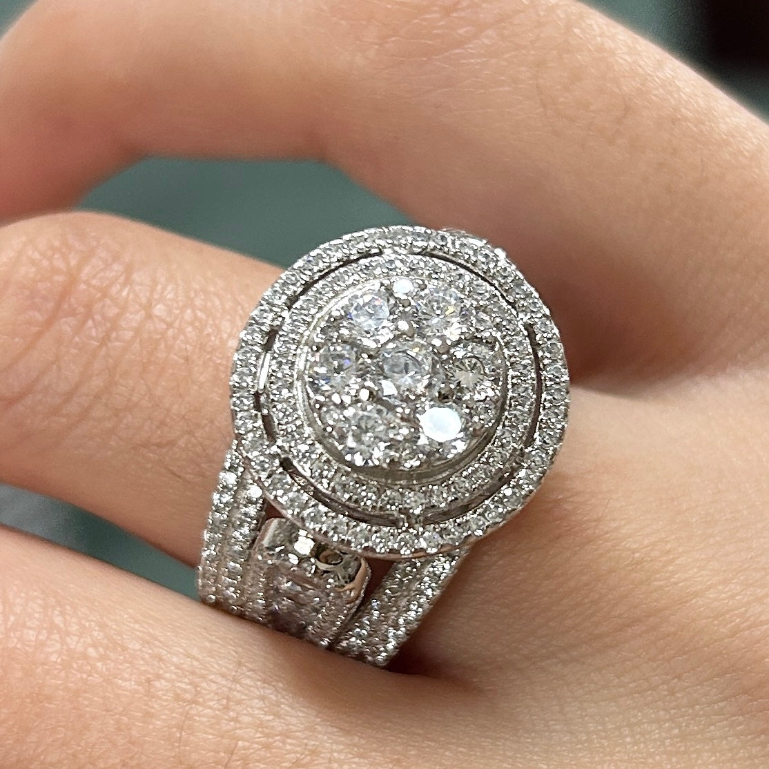 Size 8.0 | Sparkling Sterling Silver Double Halo Round Cut Engagement Ring