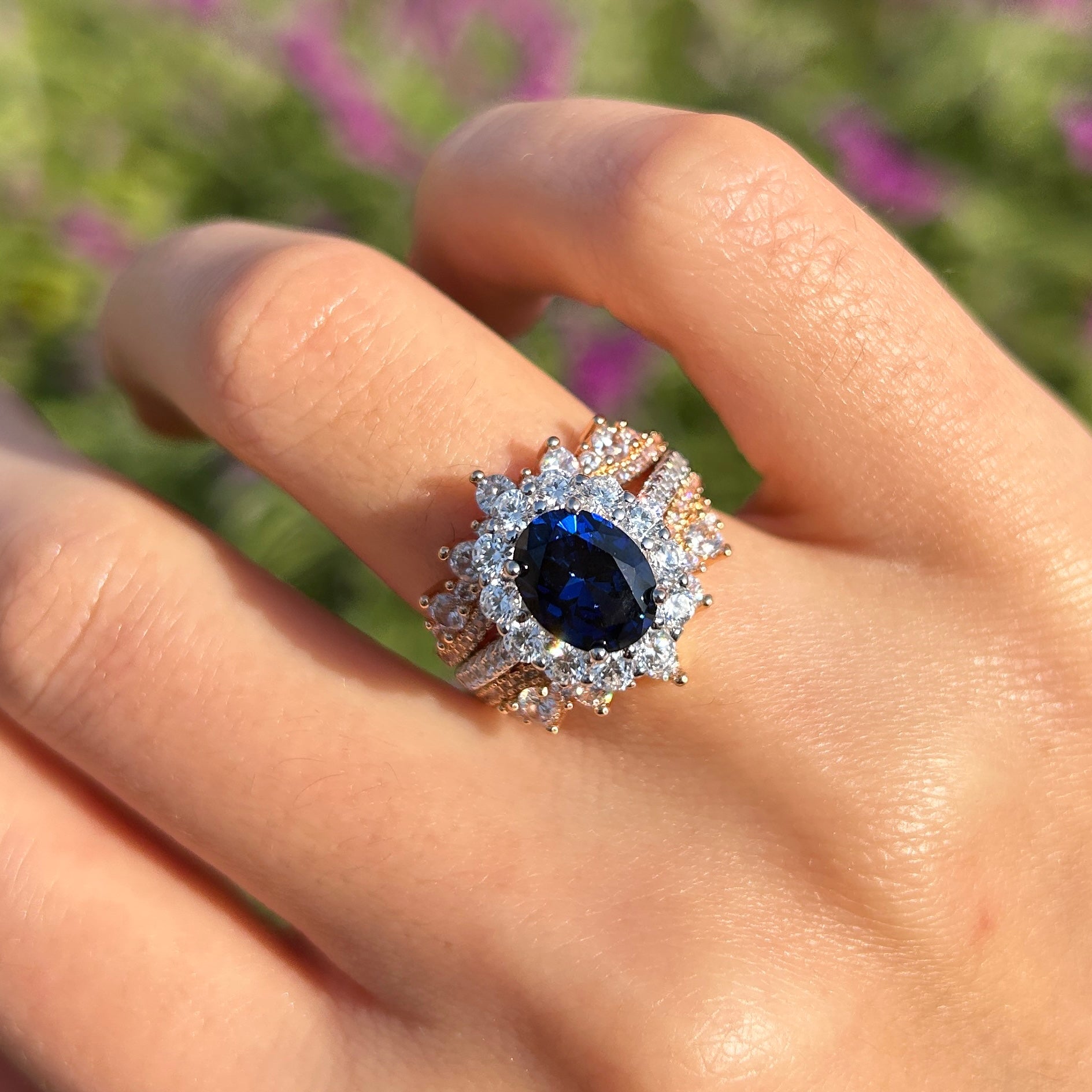 Vintage 2Pcs Blue Oval Cut Halo Sterling Silver Bridal Set