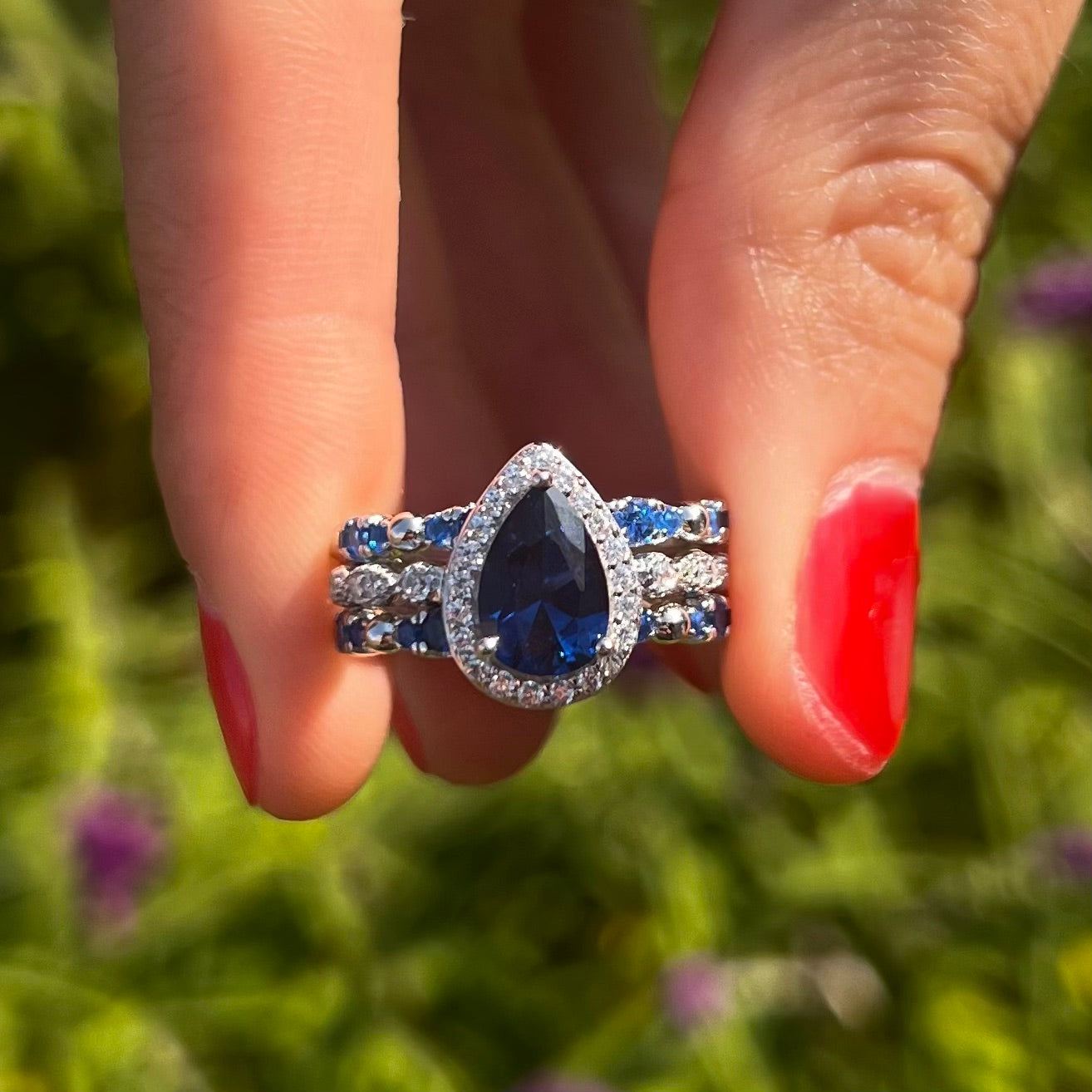 3 Pcs Blue Pear Cut Halo Bridal Set in Sterling Silver