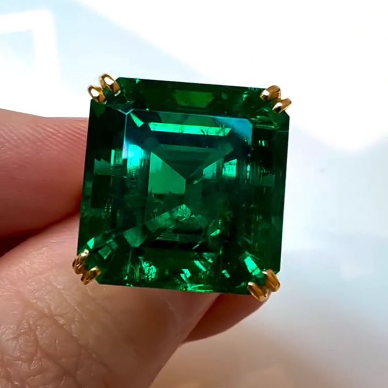 Handmade 12ct Asscher Cut Emerald Green Yellow Gold Simple Men's Ring