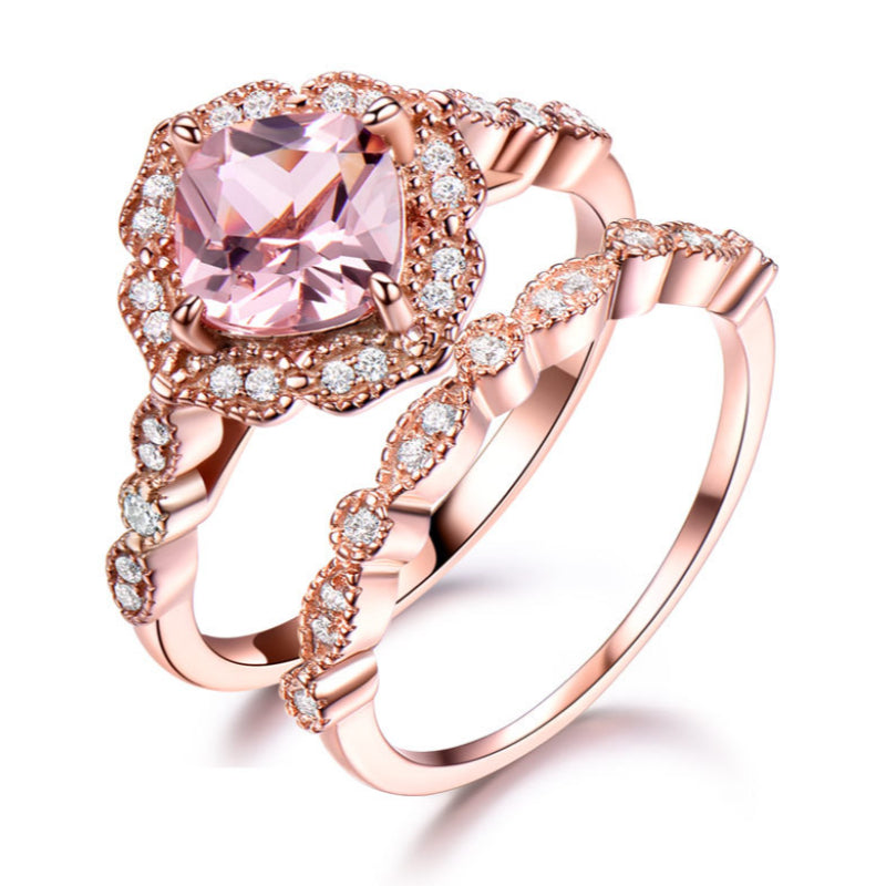 Vintage Pink Morganite Rose Gold Tone Ring Set