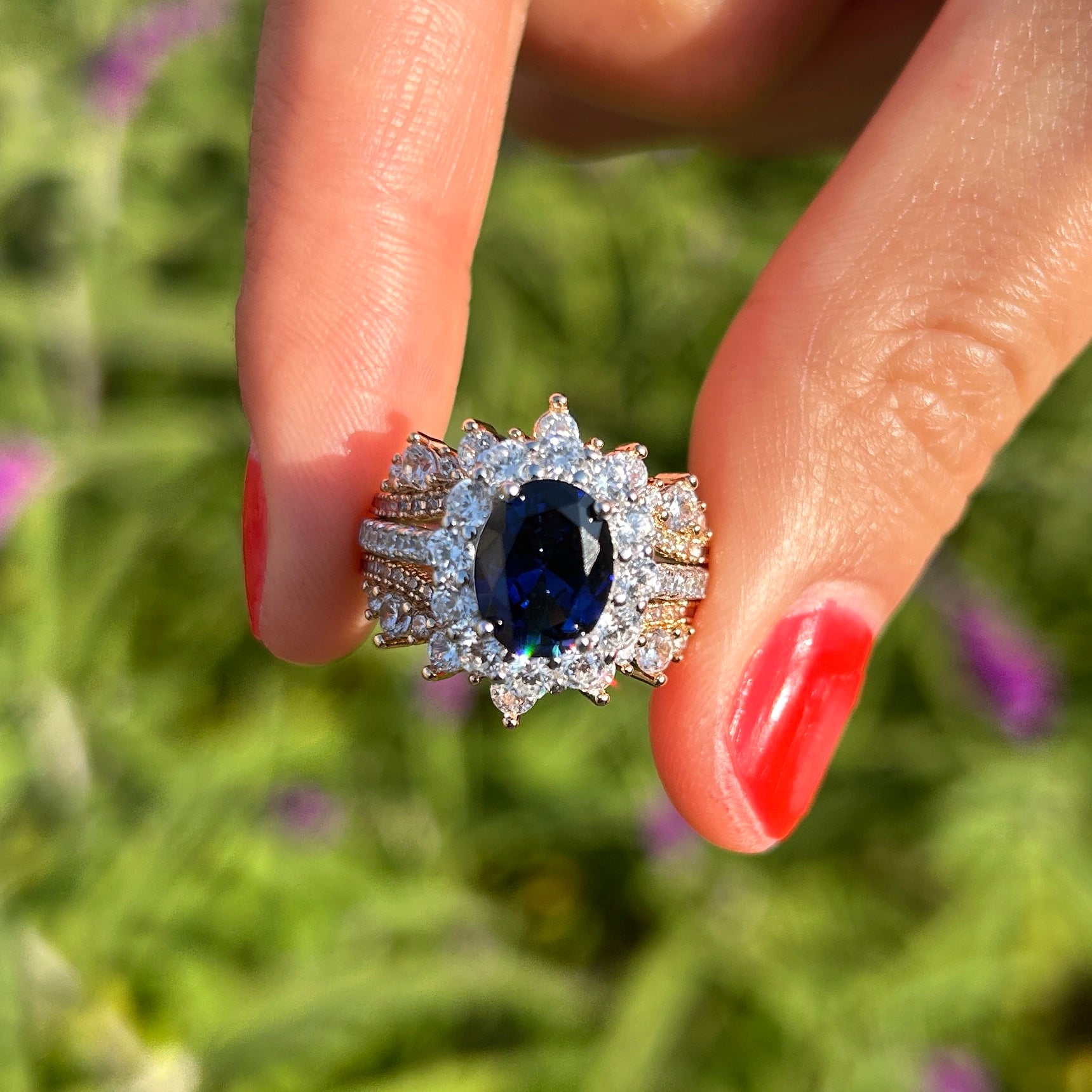 Vintage 2Pcs Blue Oval Cut Halo Sterling Silver Bridal Set