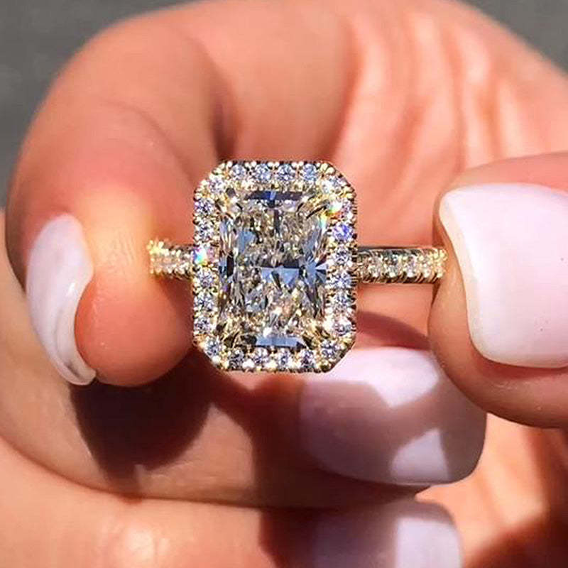 Halo Radiant Cut Golden Tone Engagement Ring – Shine of Diamond