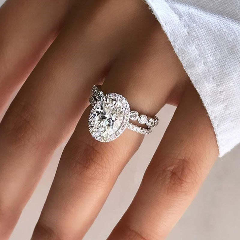 2pcs Halo Oval Cut Wedding Set In Sterling Silver