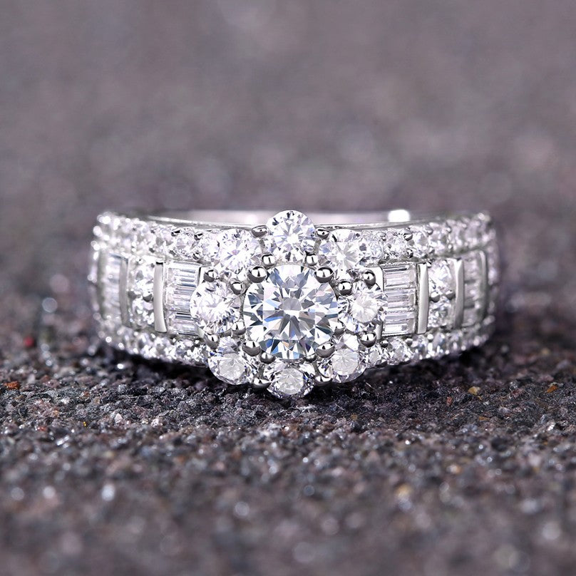 Vintage Flower Design Halo Round Cut Sterling Silver Engagement Ring