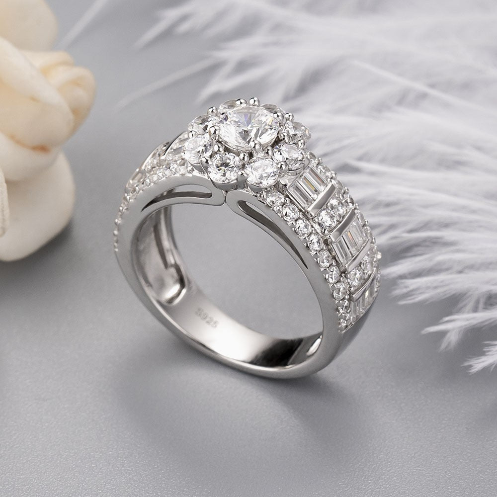 Vintage Flower Design Halo Round Cut Sterling Silver Engagement Ring