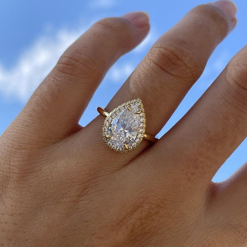 Halo Pear Cut Golden Tone Engagement Ring