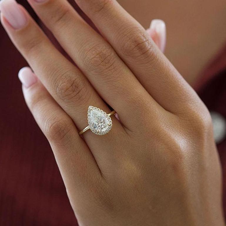 Halo Pear Cut Golden Tone Engagement Ring