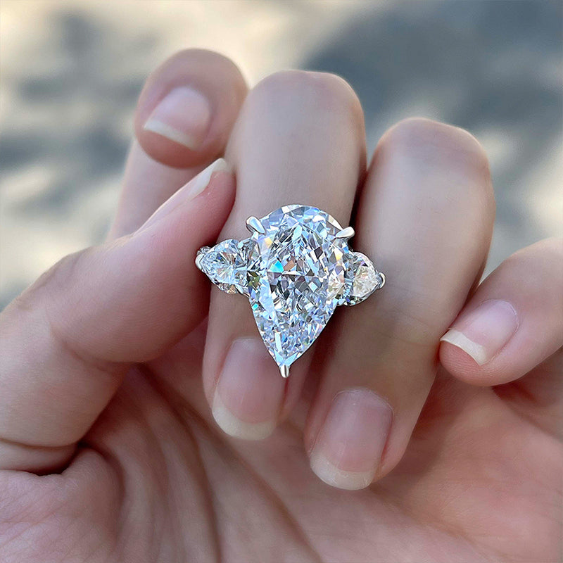 Three Stone Pear Cut Engagement Ring In Sterling Silver